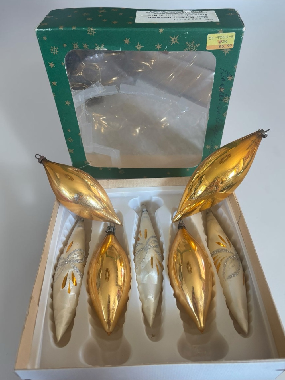 Vintage Czech Glass Teardrop Christmas Ornaments Set 7 Alderbrook Gold White